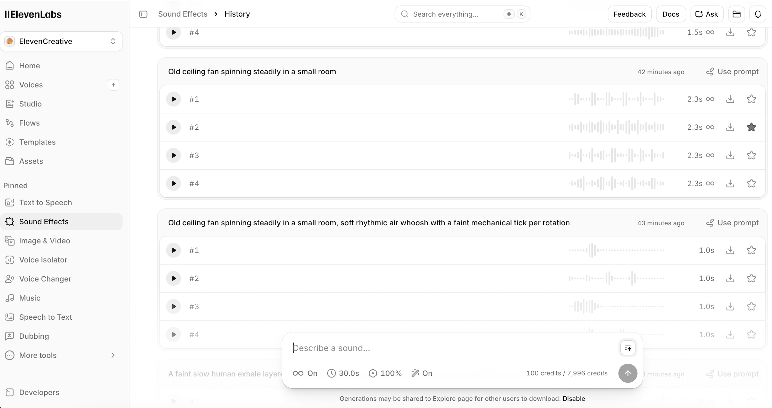 ElevenLabs Sound Effects generation history showing the detailed vs simple fan prompt